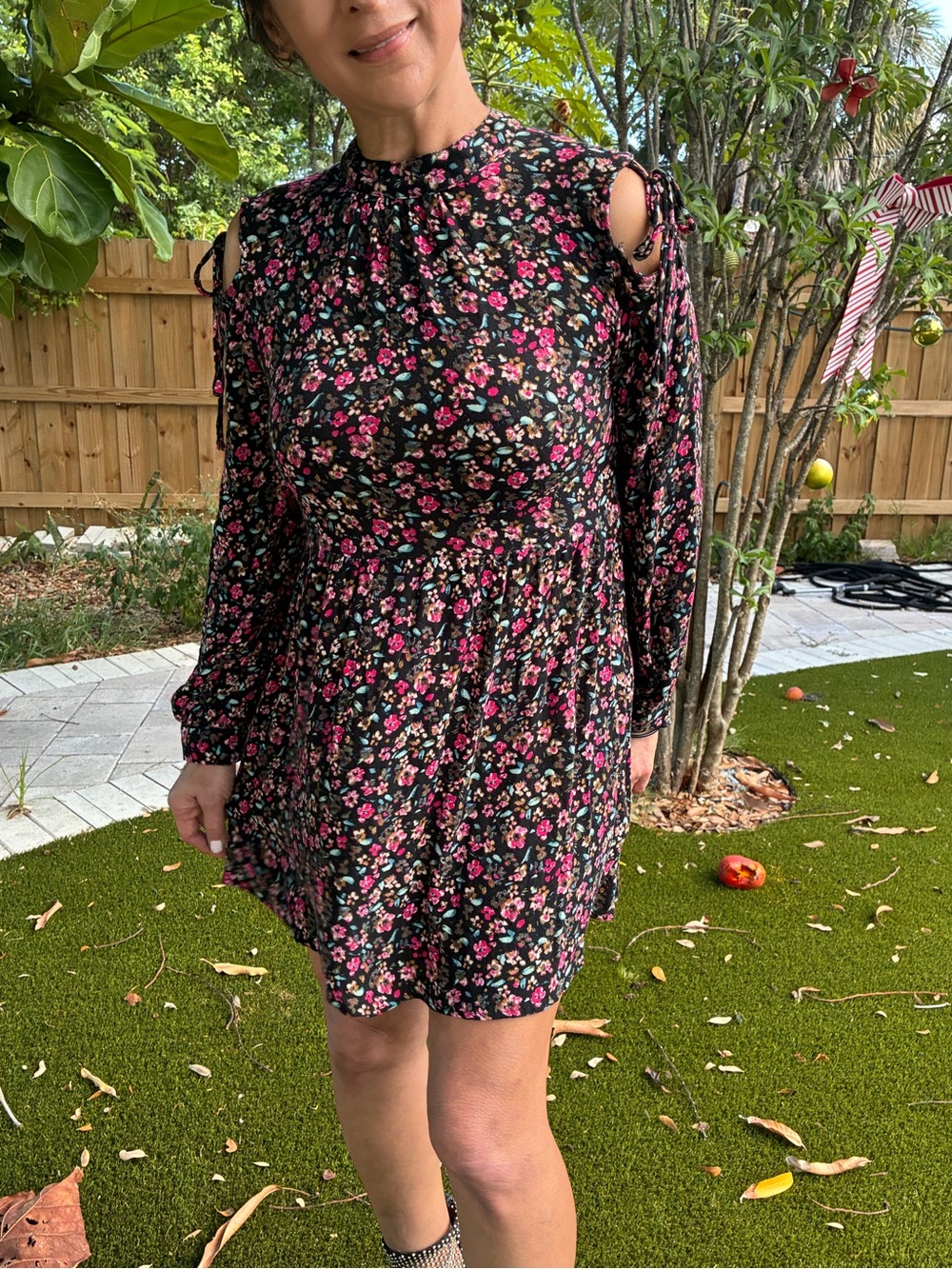 Black Floral Cold-Shoulder Mini Dress